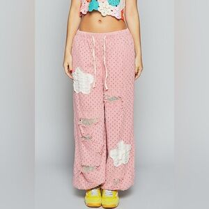 P27 Pink Distressed Pants with White Accents